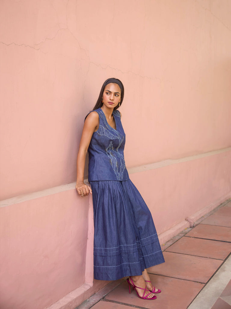 Embroidered Denim Top - Blue