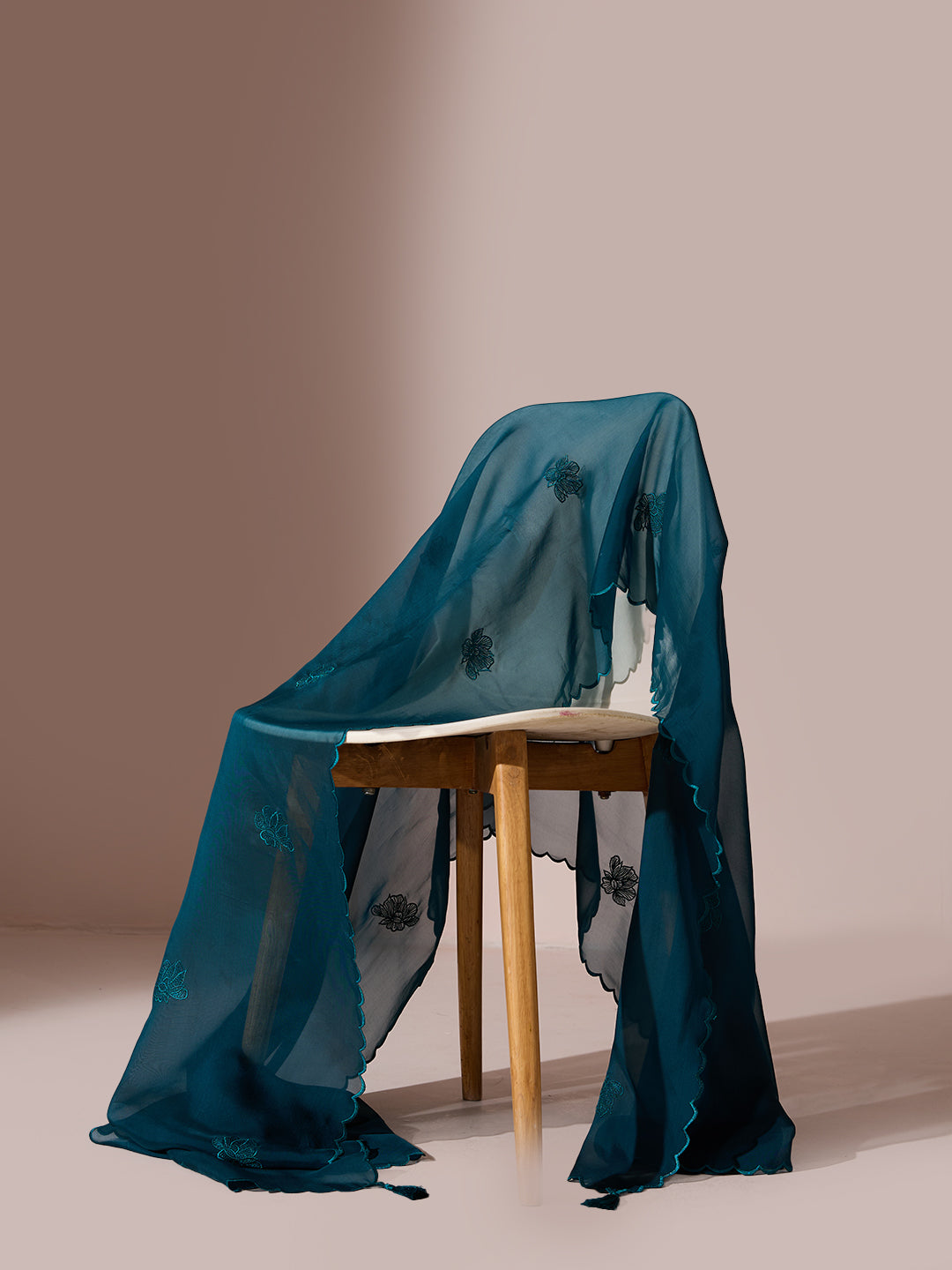 Embroidered Organza Dupatta with Tassels – Teal