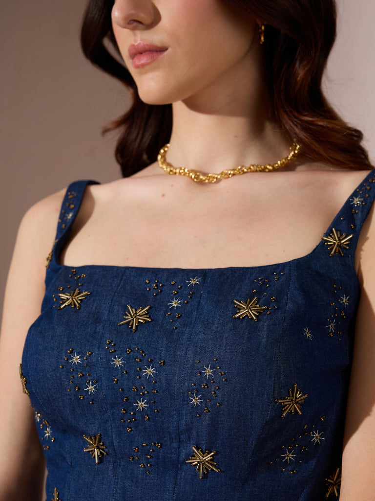 Embellised Denim Corset - Blue