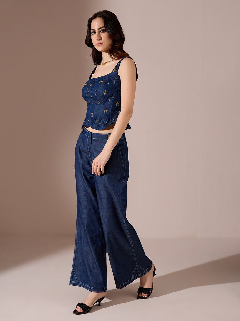 Embellised Denim Corset - Blue