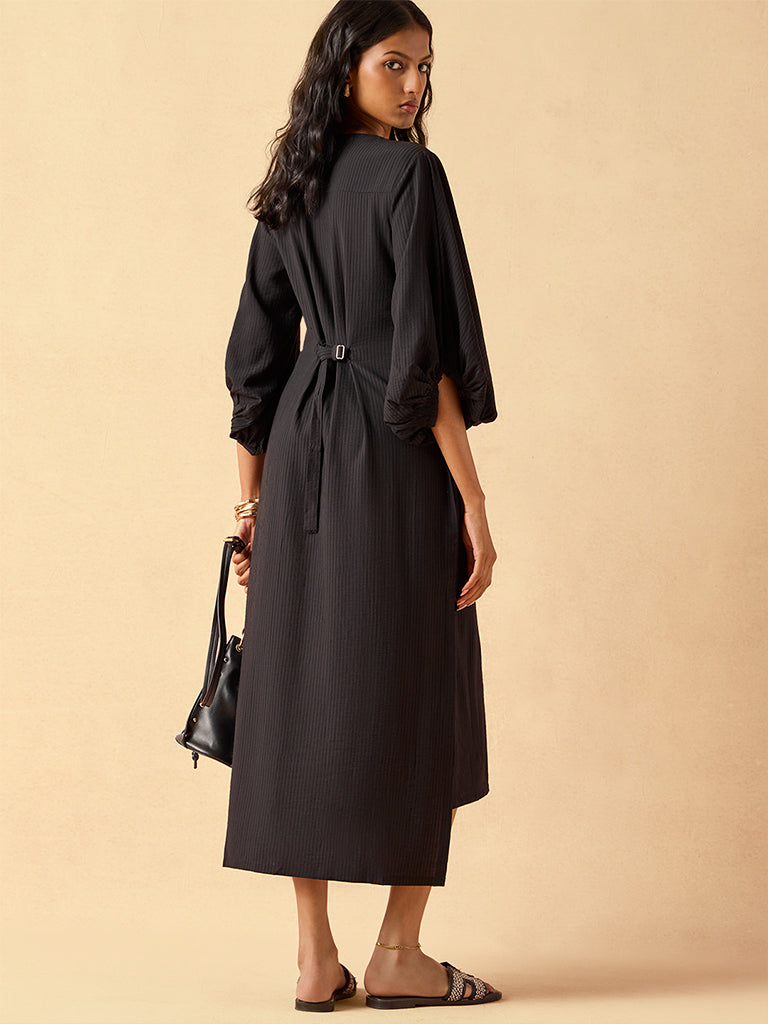 Self-Striped High-Low Dress – Black