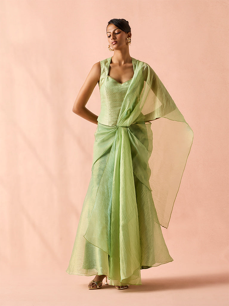 Crushed Tissue Saree with Pallu – Green