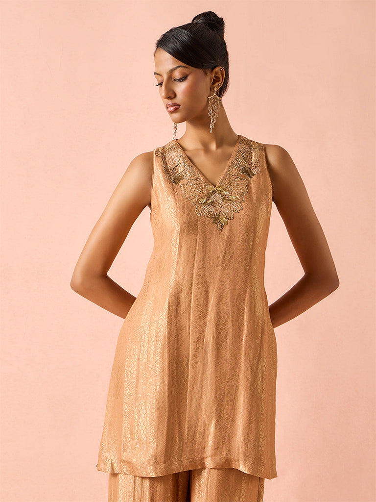 Embellished Jacquard Kurta – Peach
