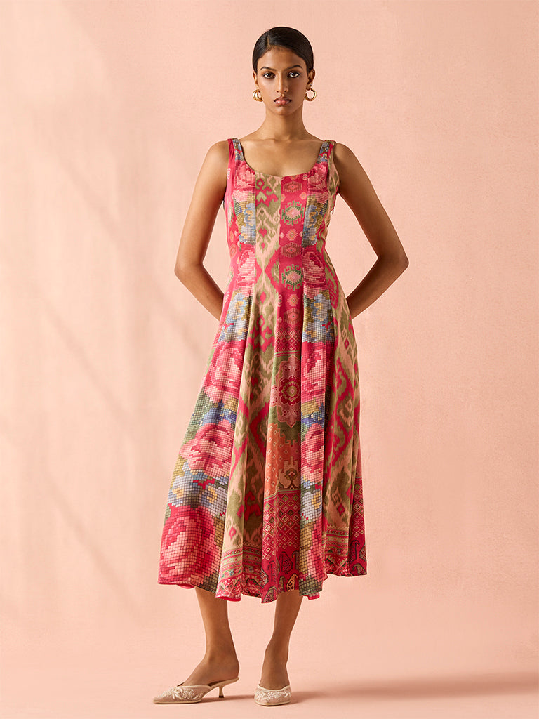 Patchwork Printed Midi Dress – Pink