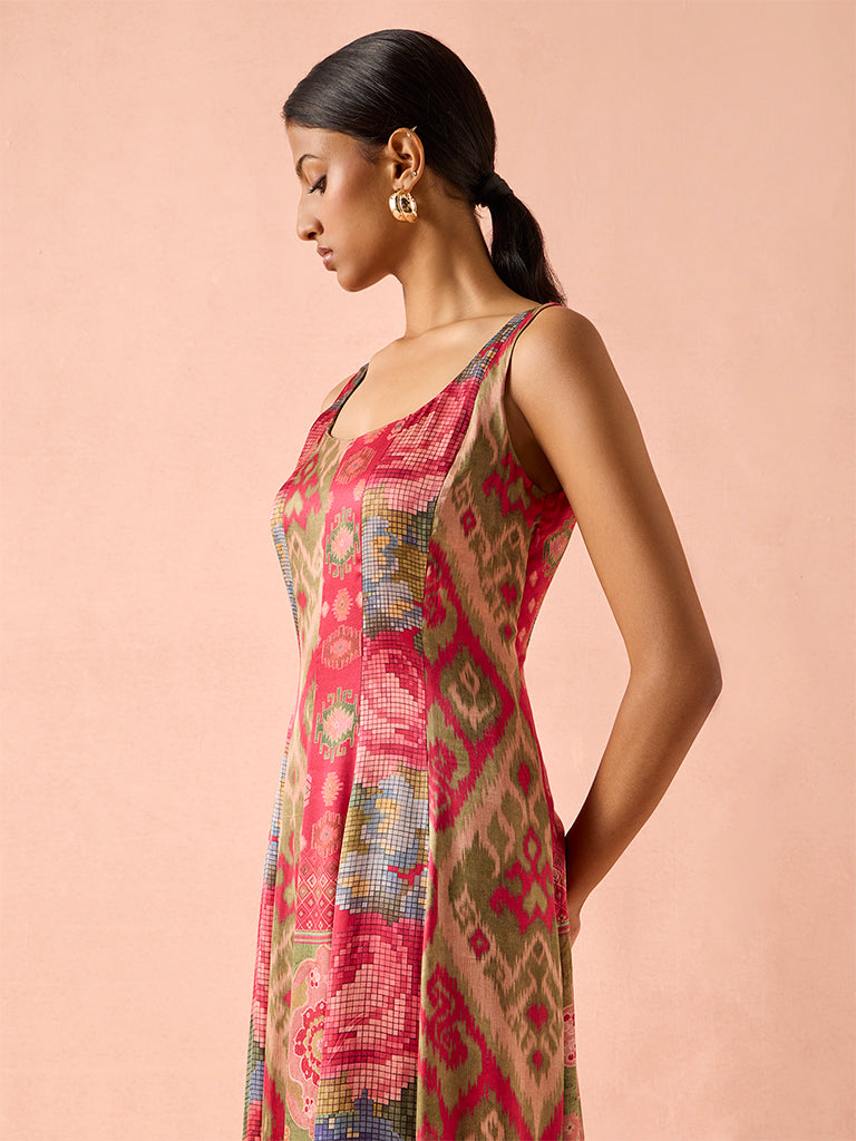 Patchwork Printed Midi Dress – Pink