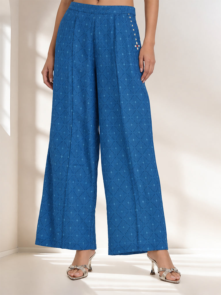 Geometric Print Straight-Leg Pants - Blue