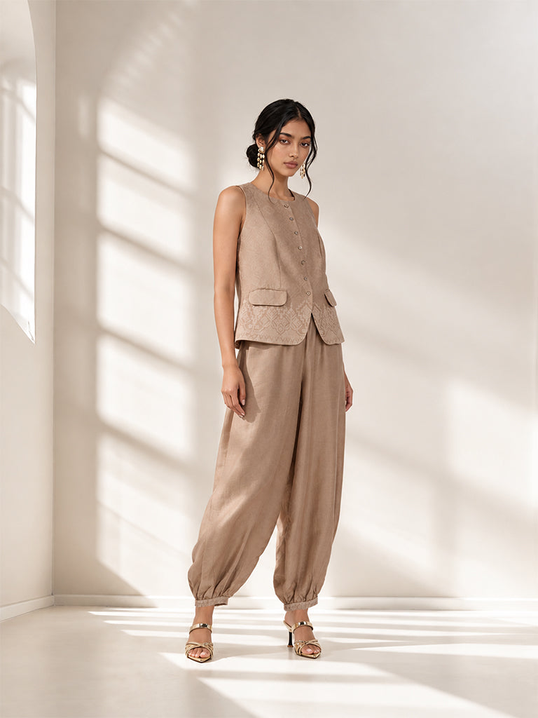 Printed Jacket with Balloon Pants  - Beige