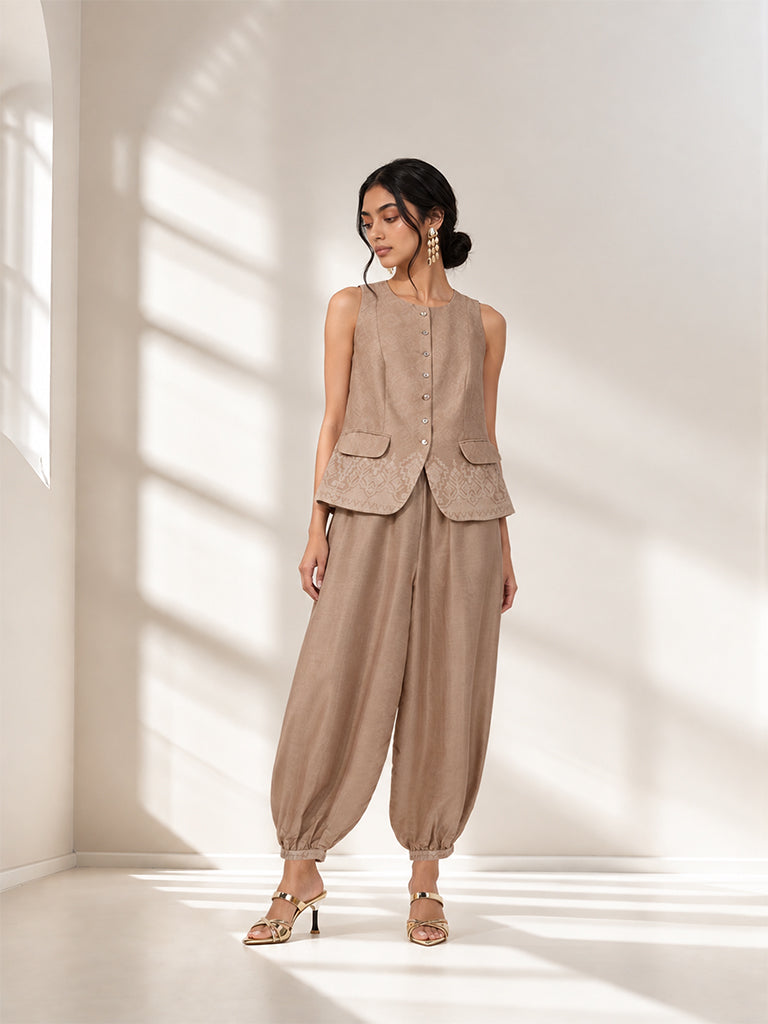 Printed Jacket with Balloon Pants  - Beige