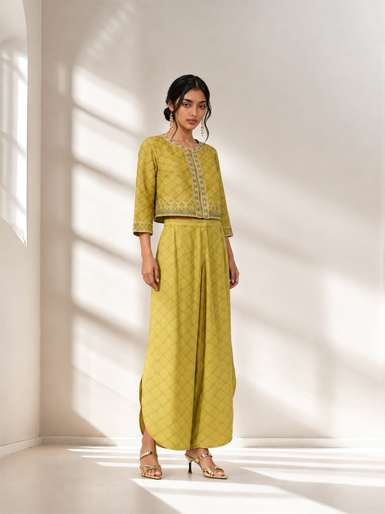 Geometric Printed Jacket with Pants Set - Yellow