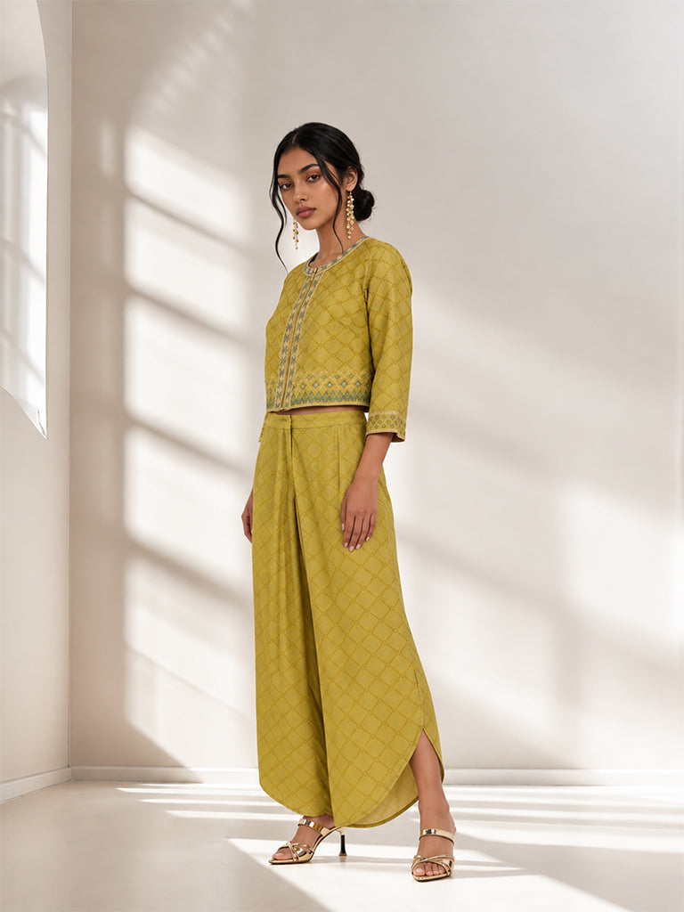 Geometric Printed Jacket with Pants Set - Yellow