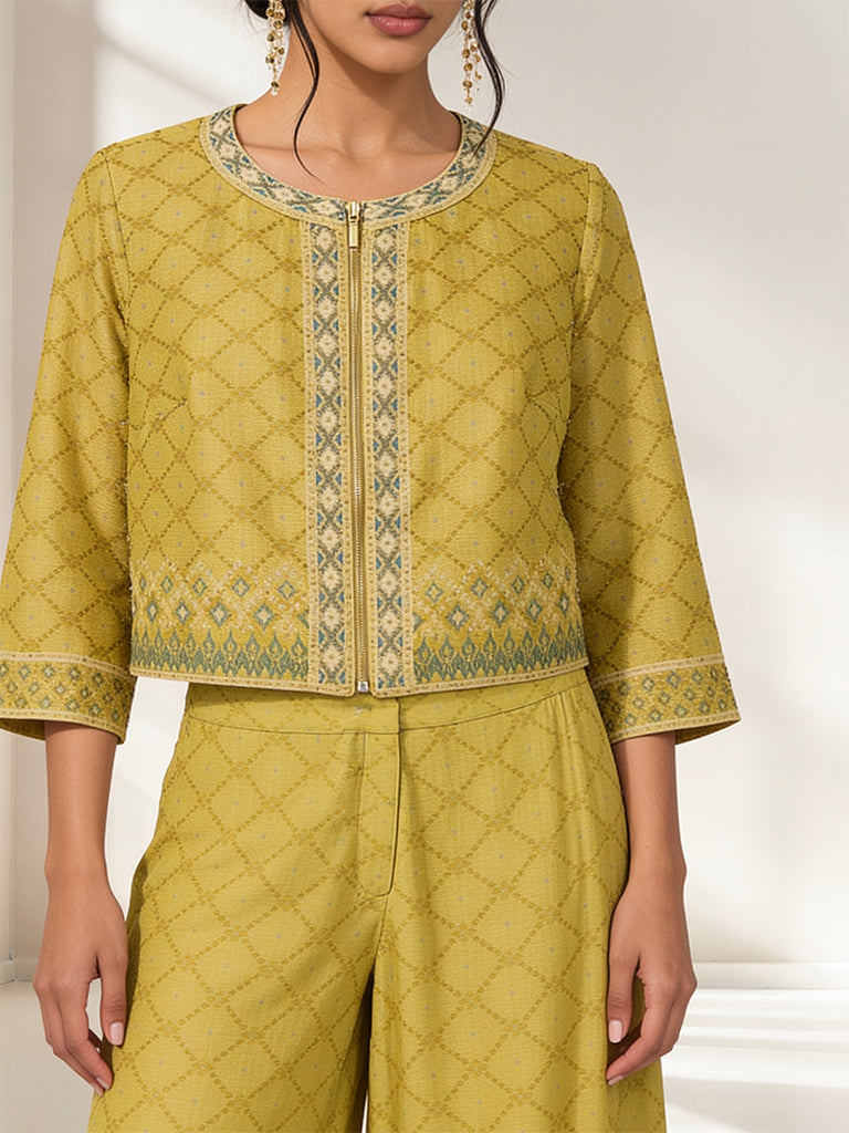 Geometric Printed Jacket with Pants Set - Yellow
