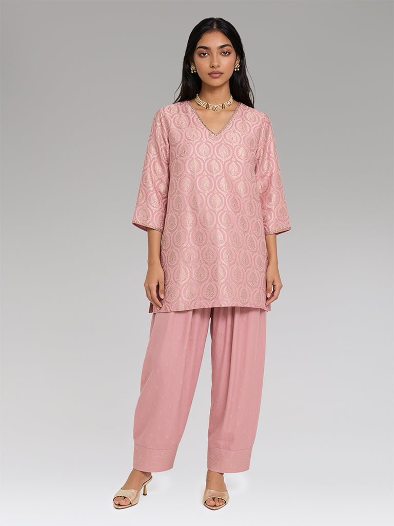 Floral Jacquard Kurta Set – Pink