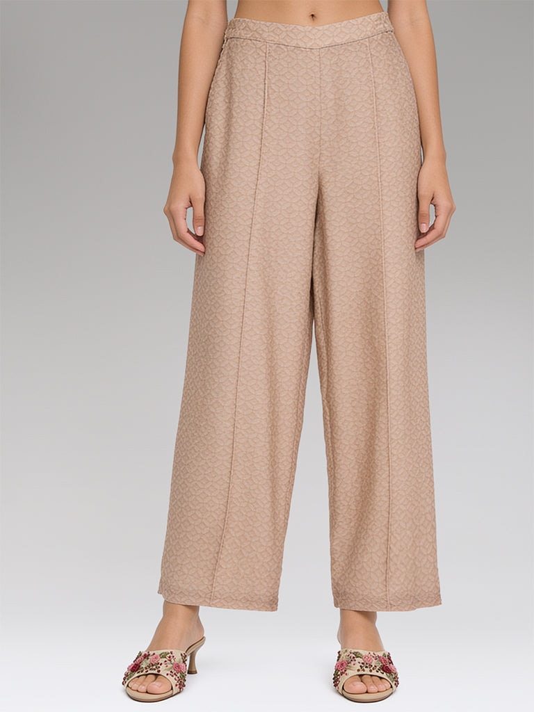 Printed Straight-Leg Pants – Beige