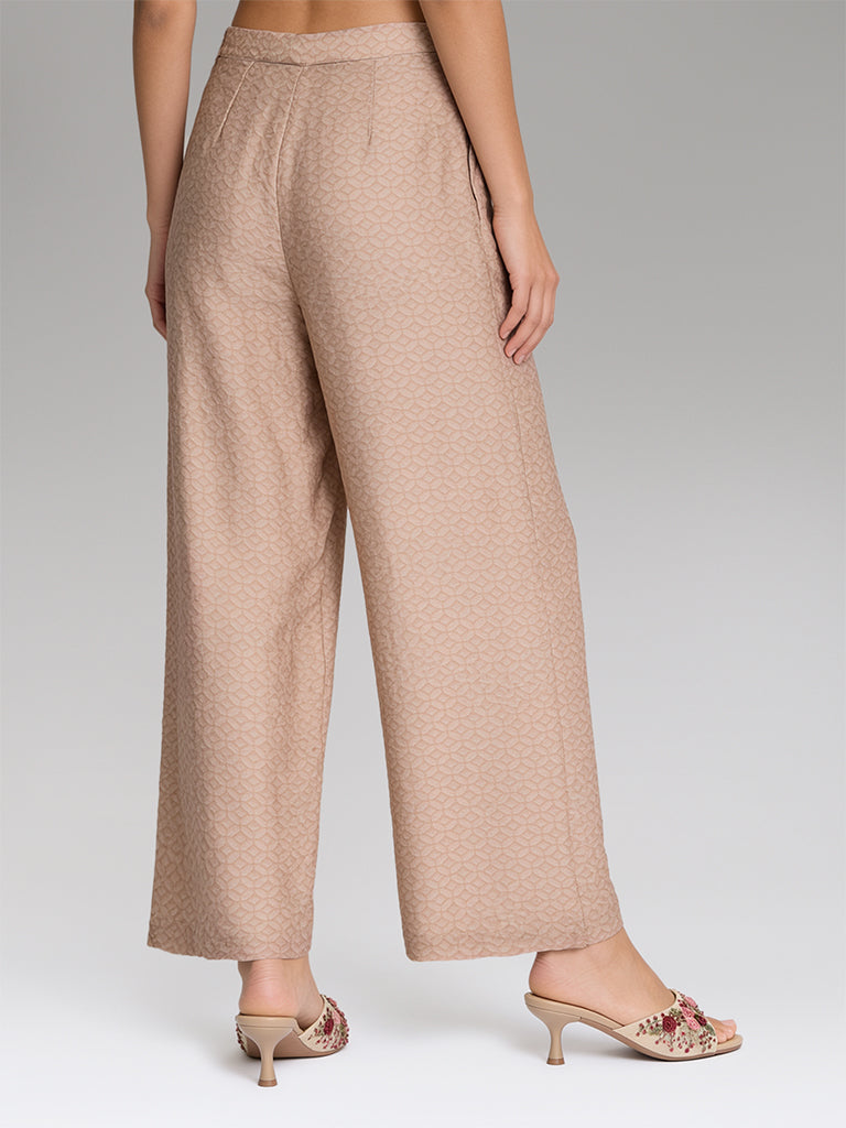 Printed Straight-Leg Pants – Beige