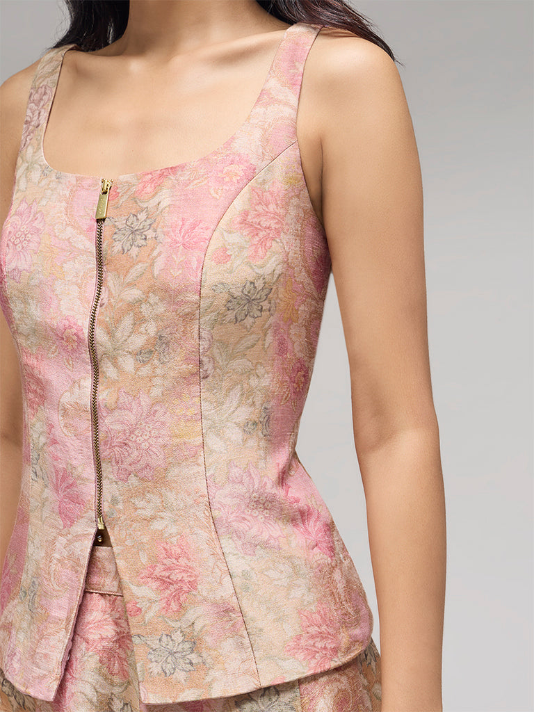 Floral Printed Zip-Front Top – Pink