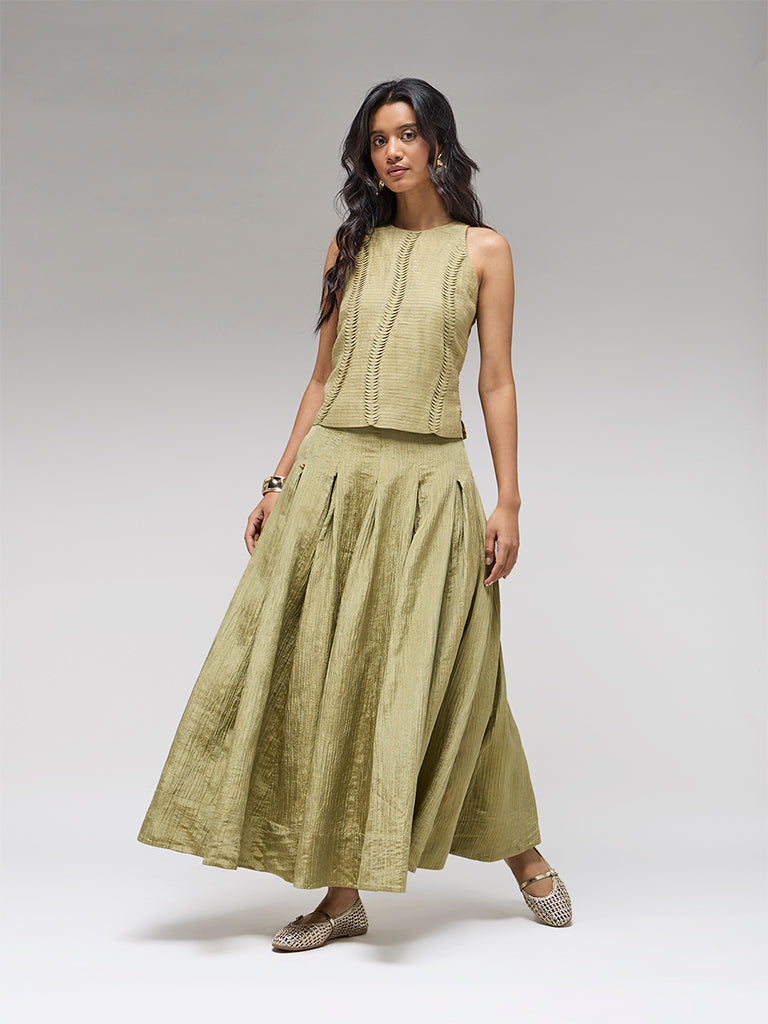 Pleated Tissue Maxi Skirt – Olive