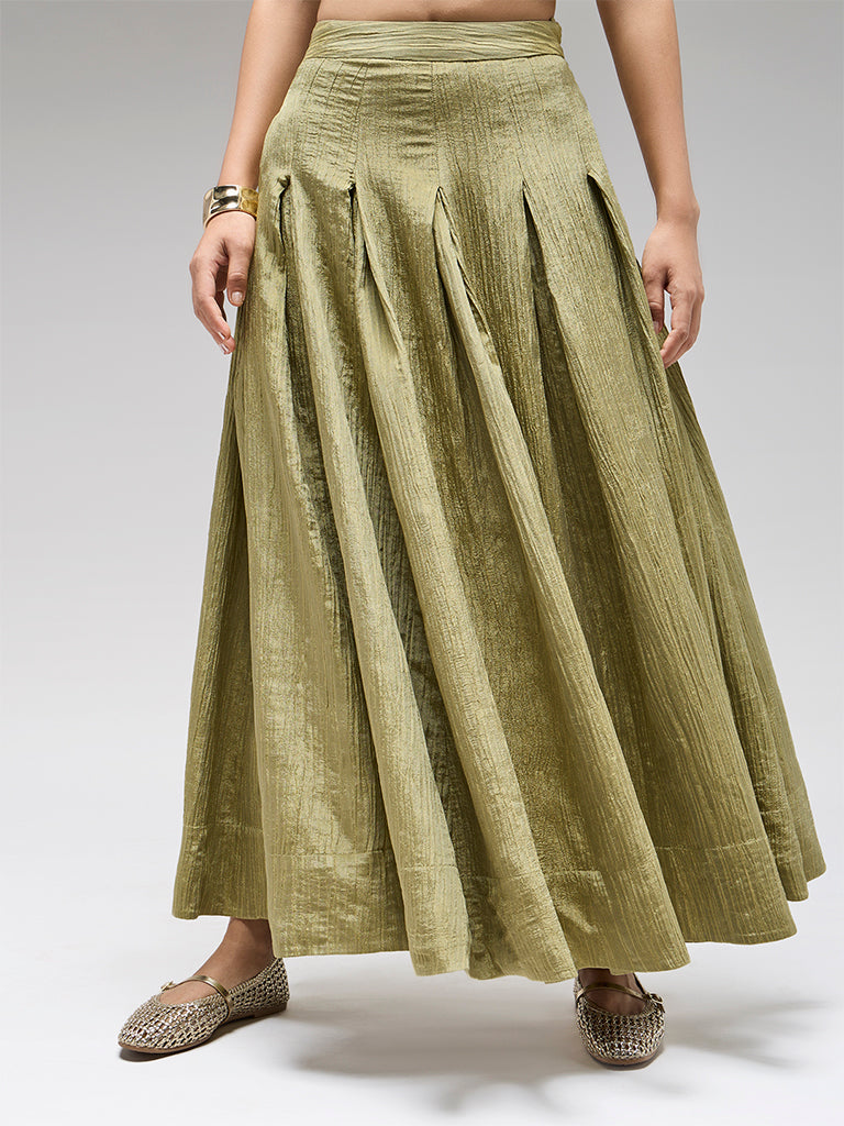 Pleated Tissue Maxi Skirt – Olive