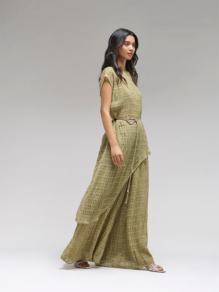 Textured Kurta Set with Belt – Olive