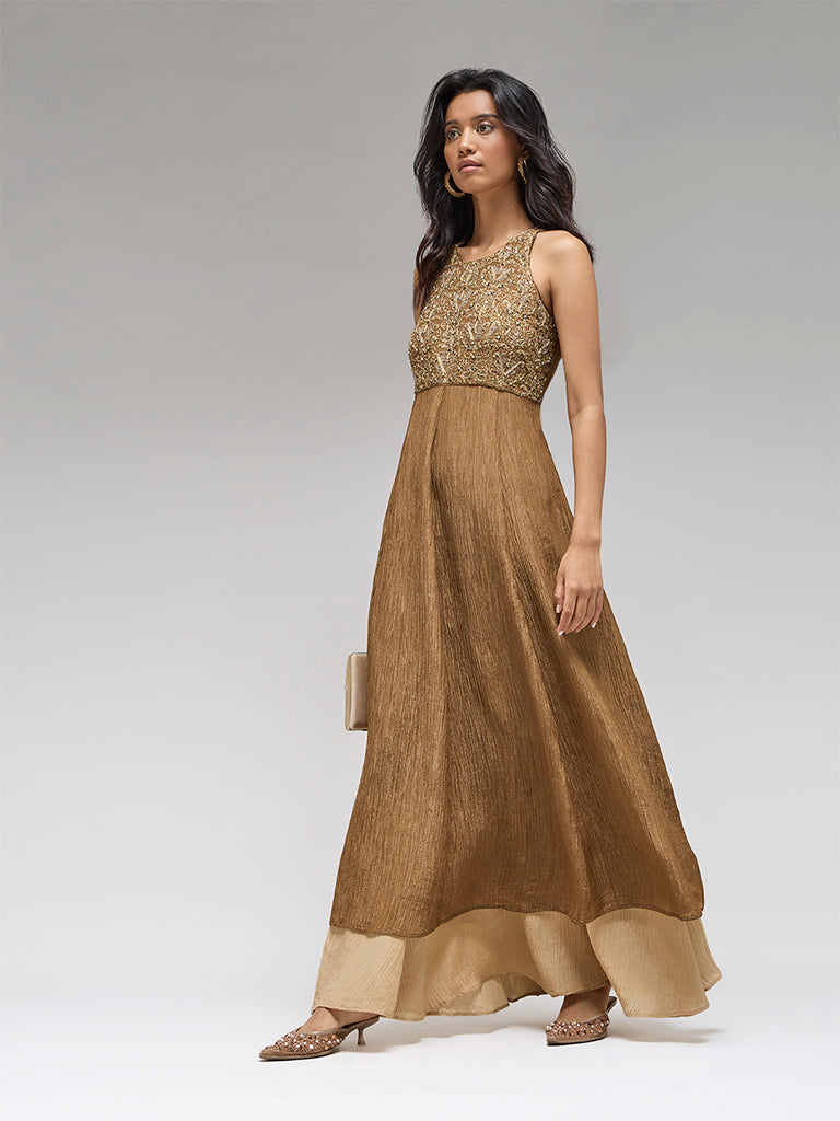 Embellished Tissue Maxi Dress – Brown