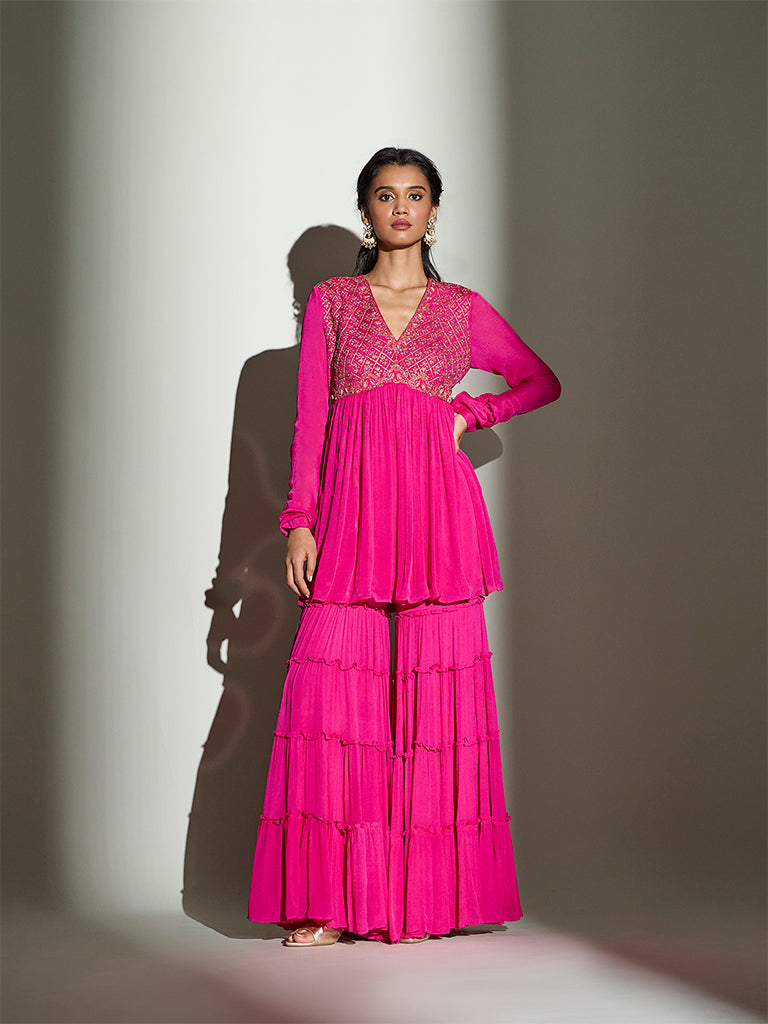 Floral Embroidered Kurta – Fuchsia