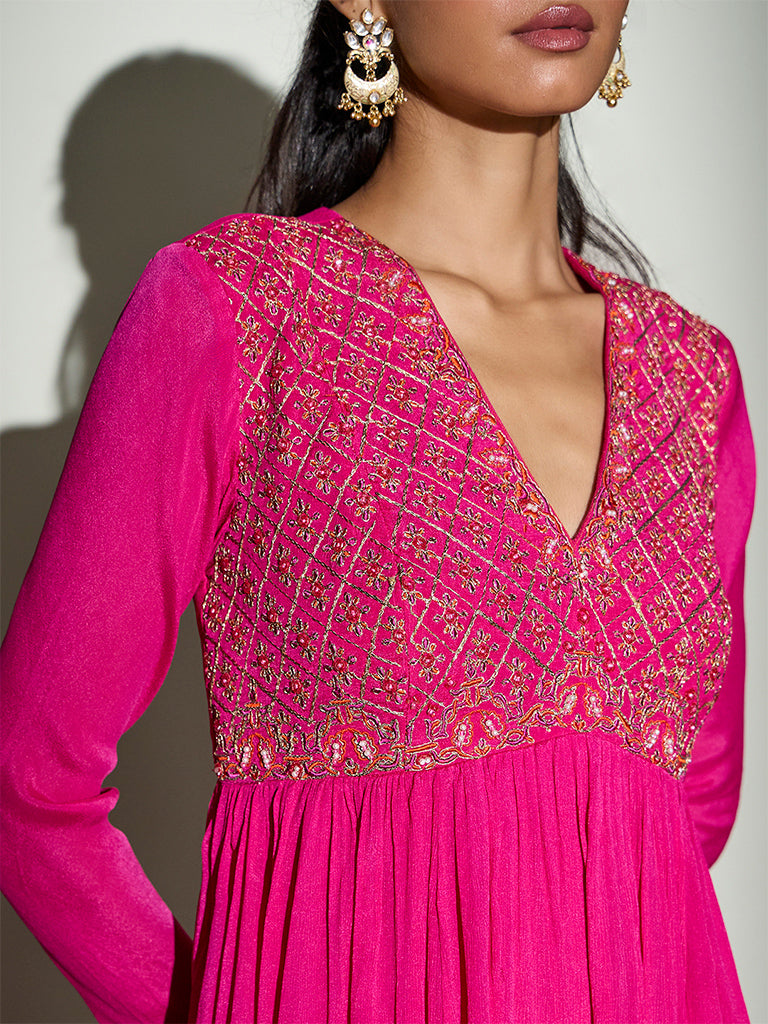 Floral Embroidered Kurta – Fuchsia