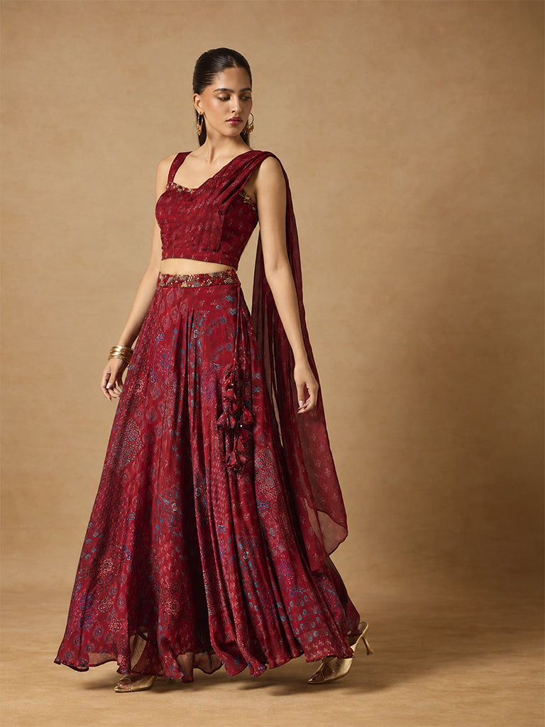 Samoh Printed Lehenga Skirt - Maroon