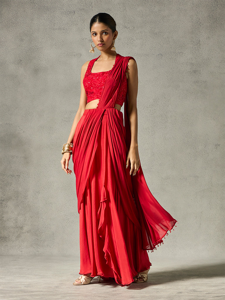 Ruffled Pre-Draped Saree - Red
