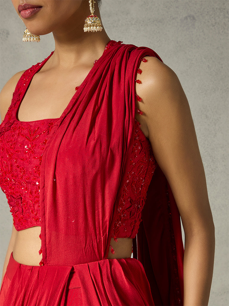 Ruffled Pre-Draped Saree - Red