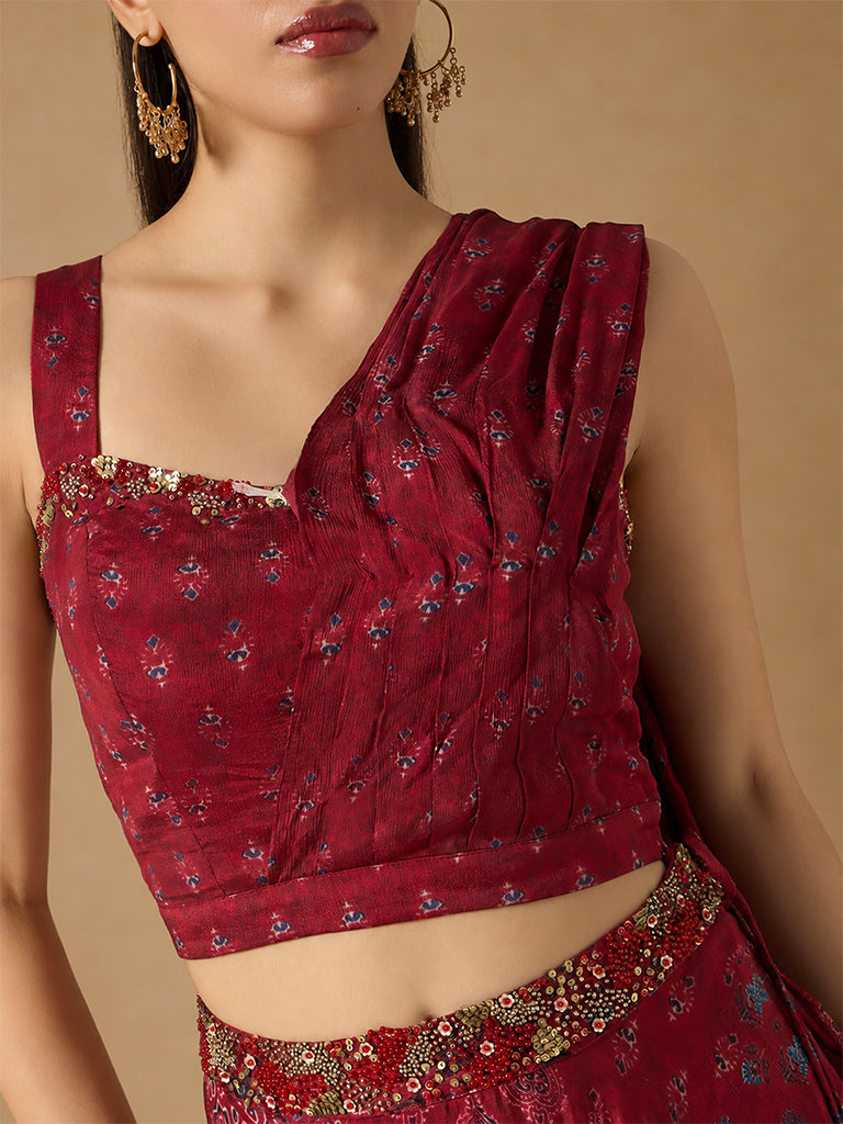 Samoh Printed Blouse with Attached Pallu - Maroon