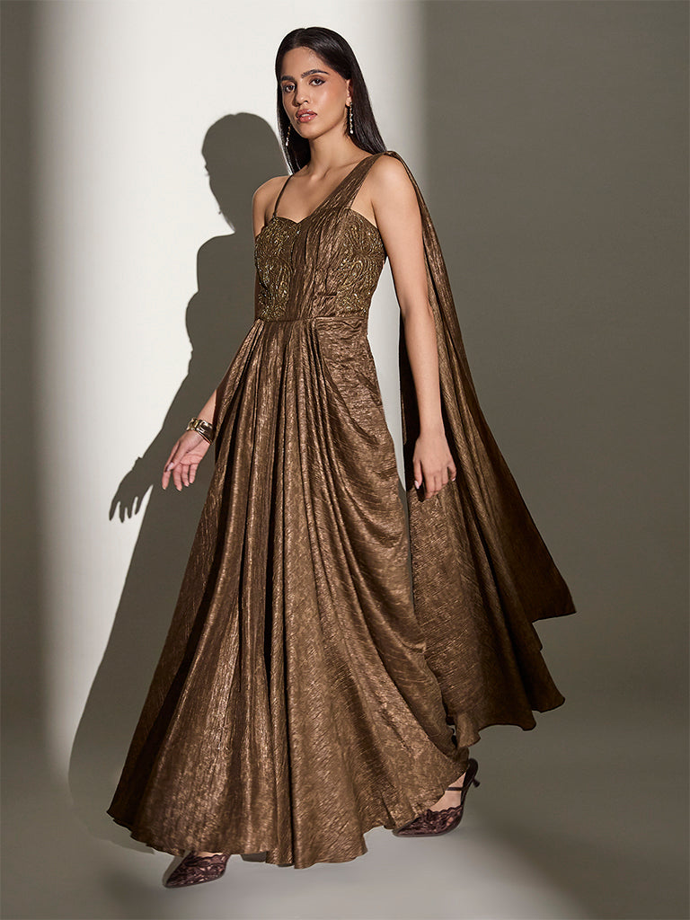 Maxi Dress with Attached Pallu - Brown