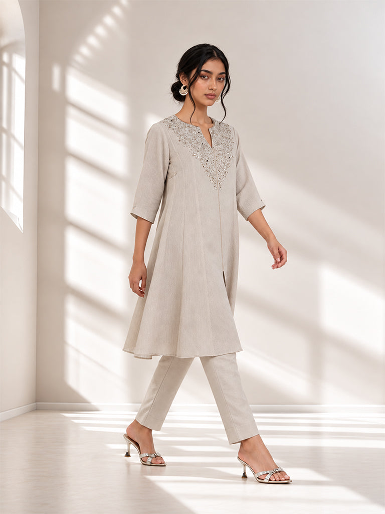 Embroidered Kurta Set - Beige