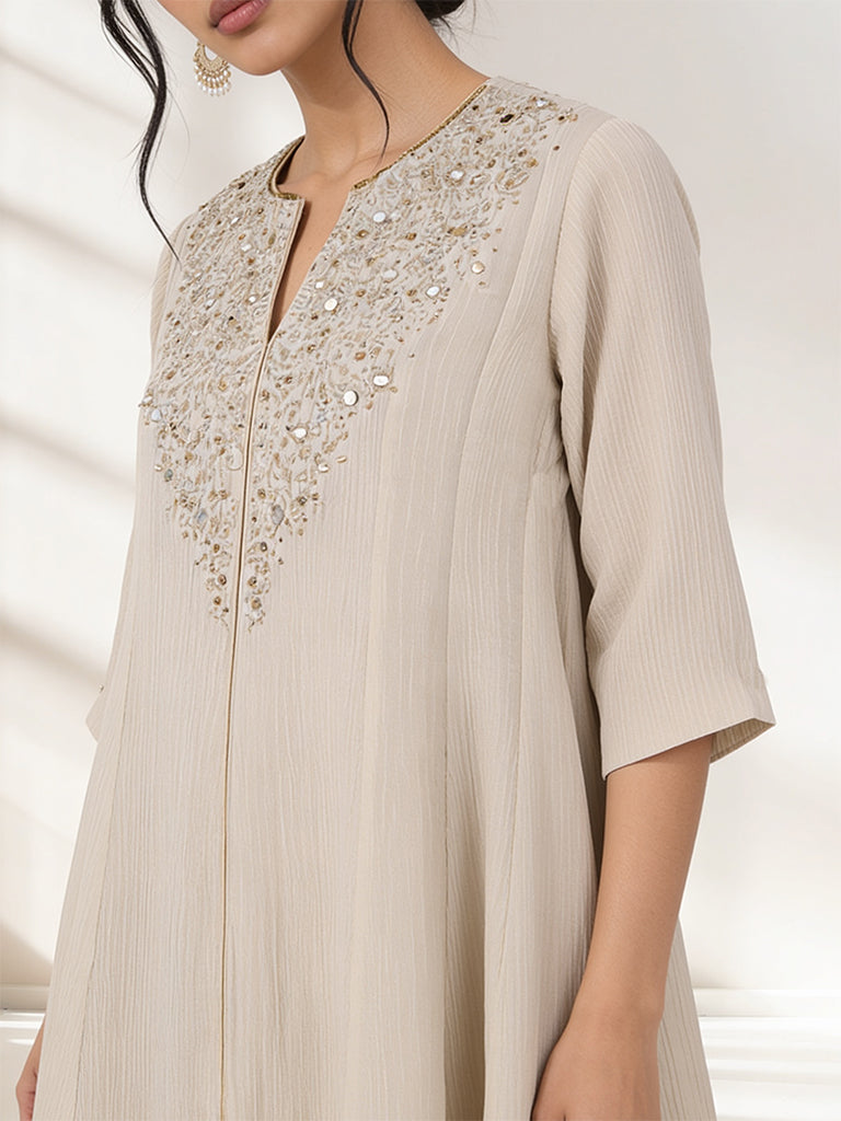 Embroidered Kurta Set - Beige
