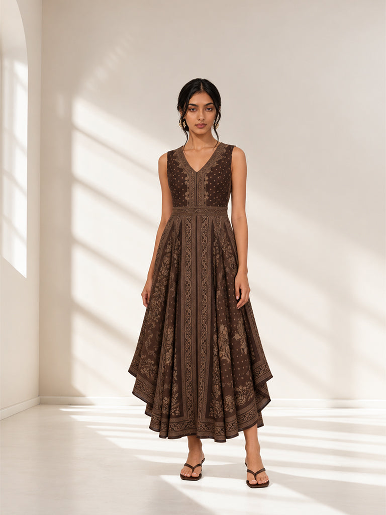 Printed Asymmetrical Dress - Dark Brown