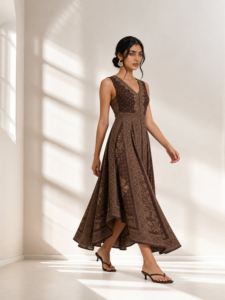 Printed Asymmetrical Dress - Dark Brown