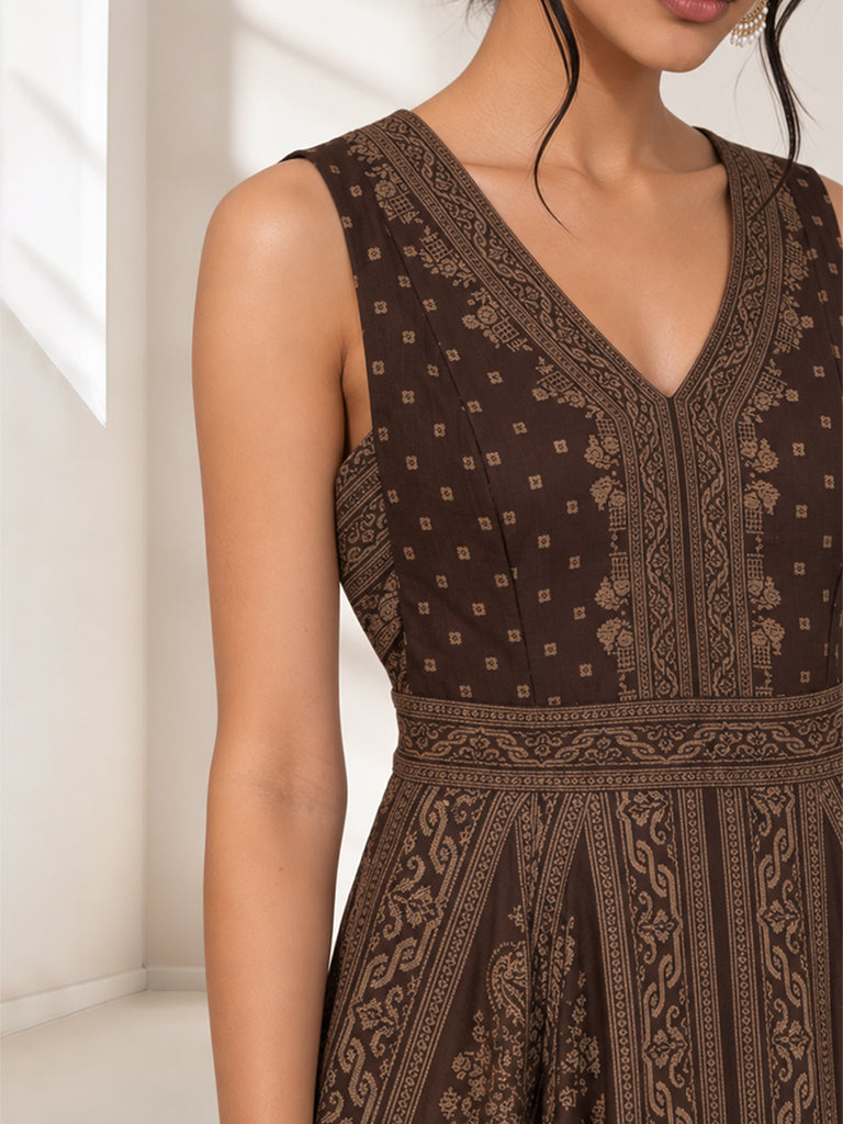Printed Asymmetrical Dress - Dark Brown