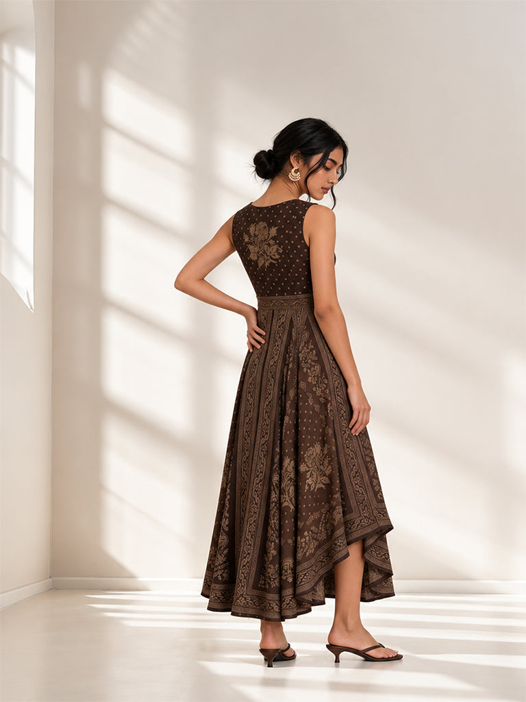 Printed Asymmetrical Dress - Dark Brown