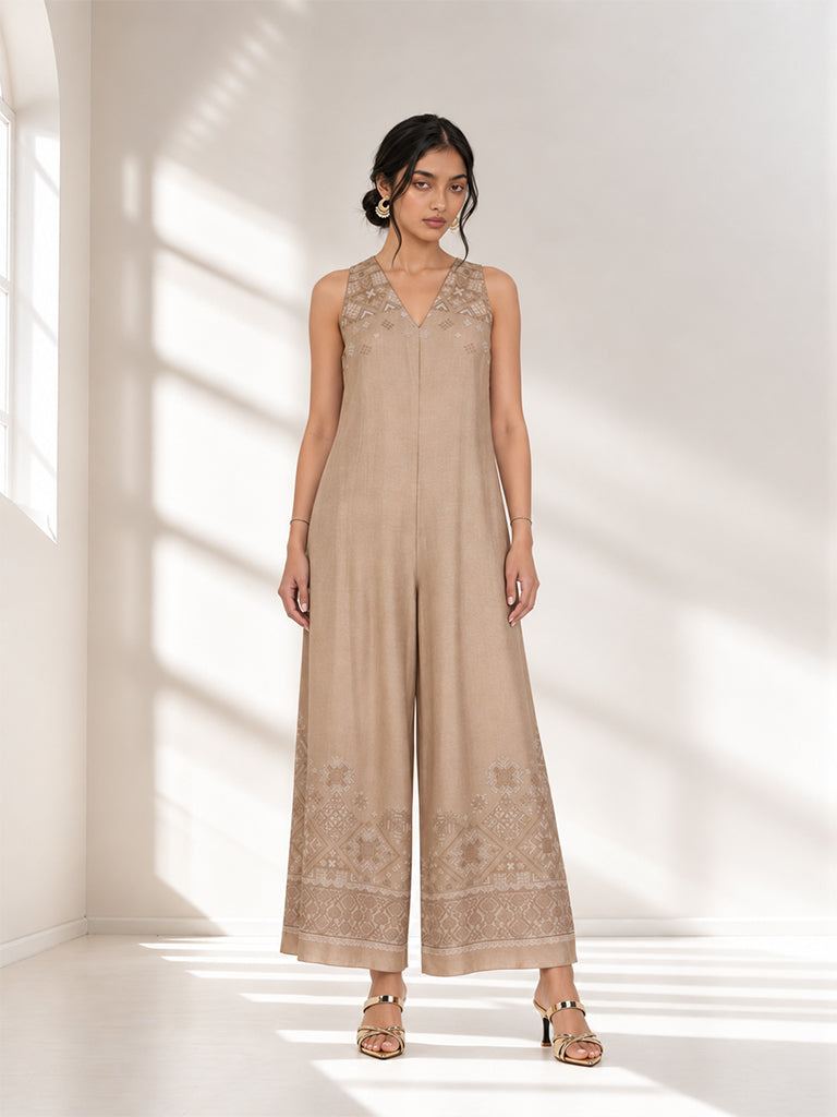 Aztec Printed Jumpsuit - Beige