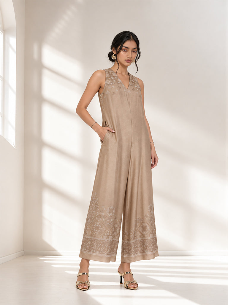 Aztec Printed Jumpsuit - Beige
