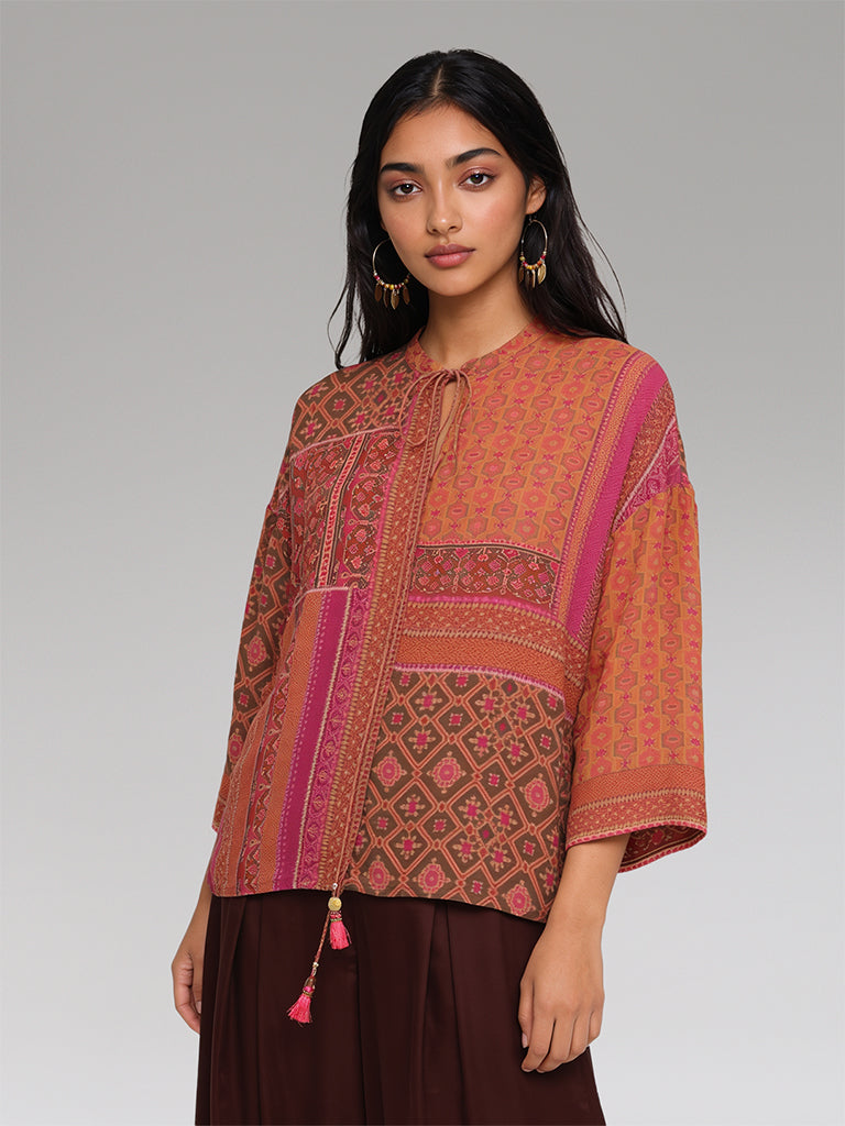 Patchwork Printed Top – Orange