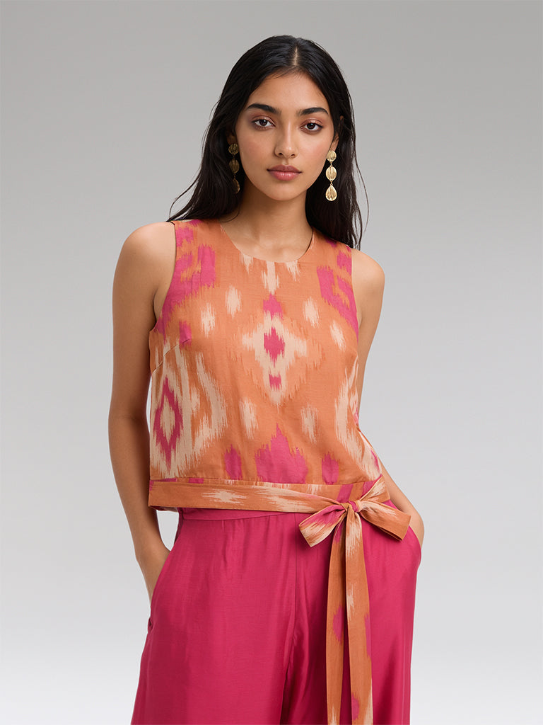Ikat Printed Tie-Up Top – Orange