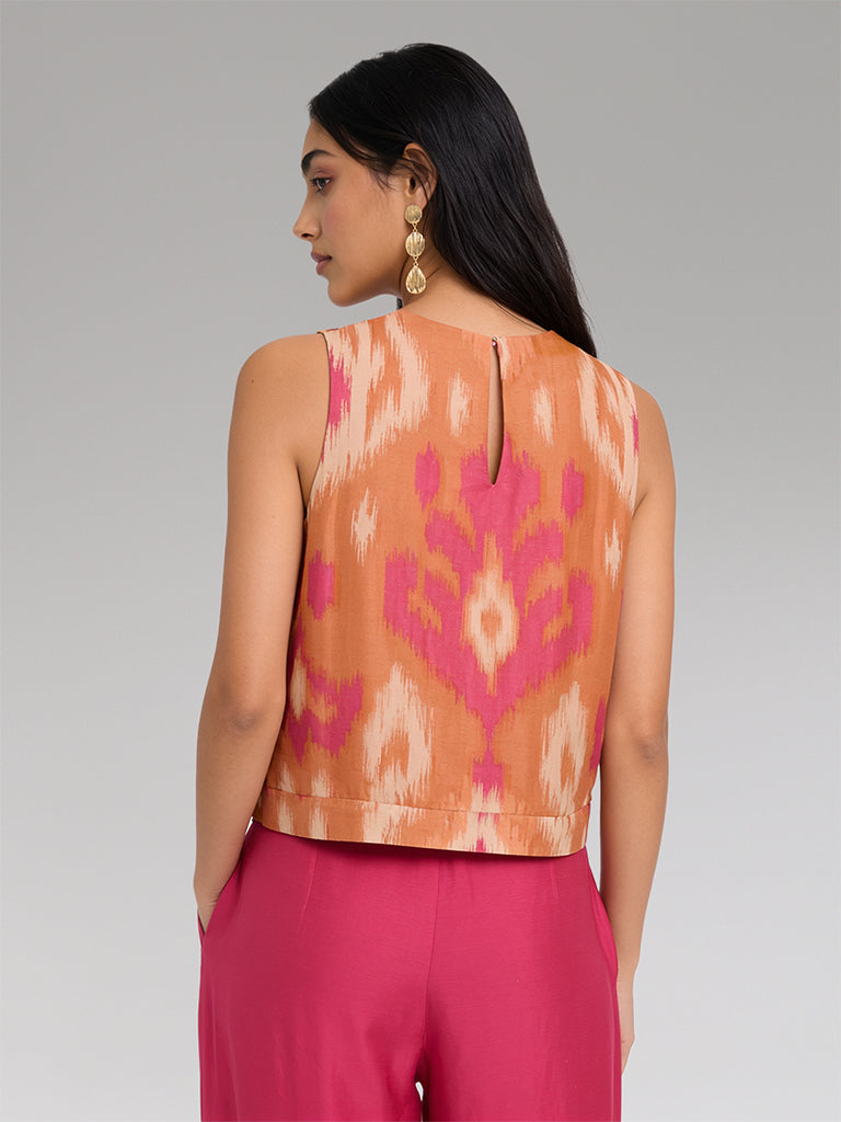 Ikat Printed Tie-Up Top – Orange