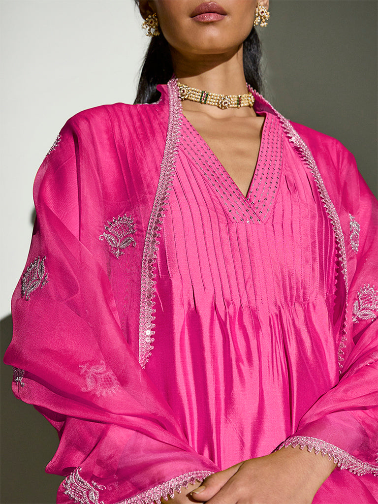 Pintuck-Detail Kurta Set – Lime Fuchsia