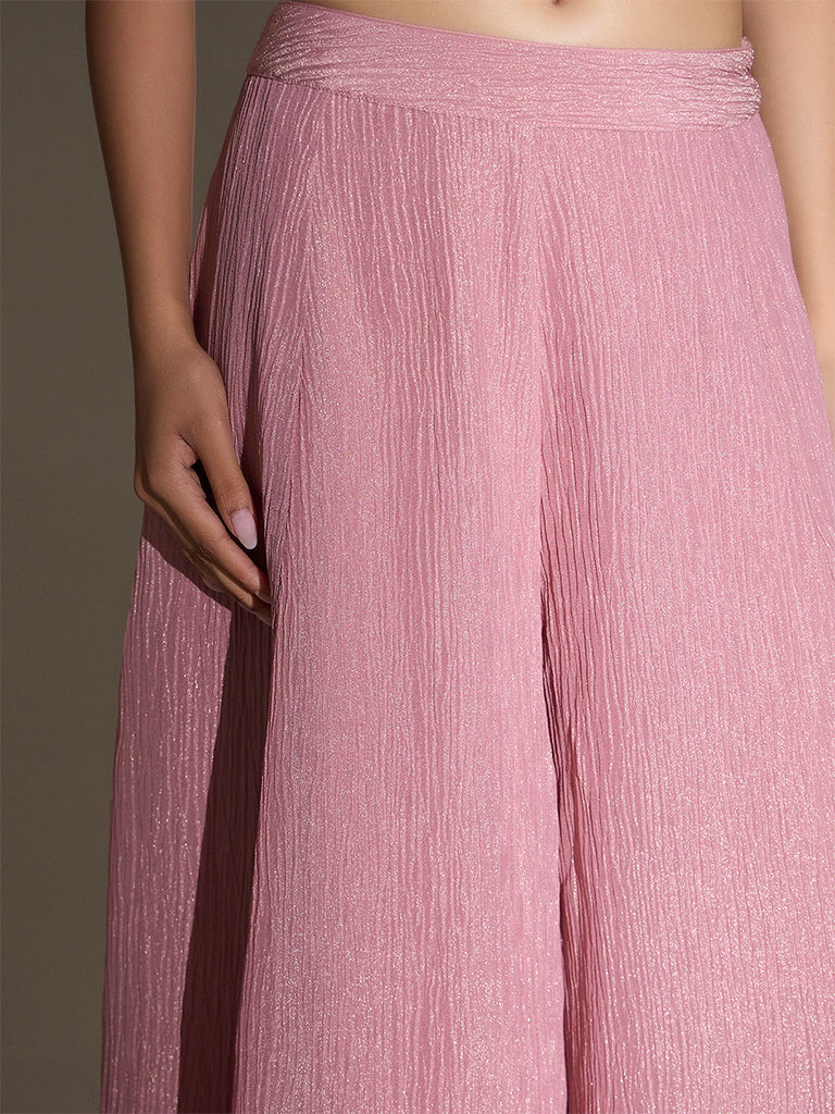 Wide-Leg Textured Palazzos - Pink