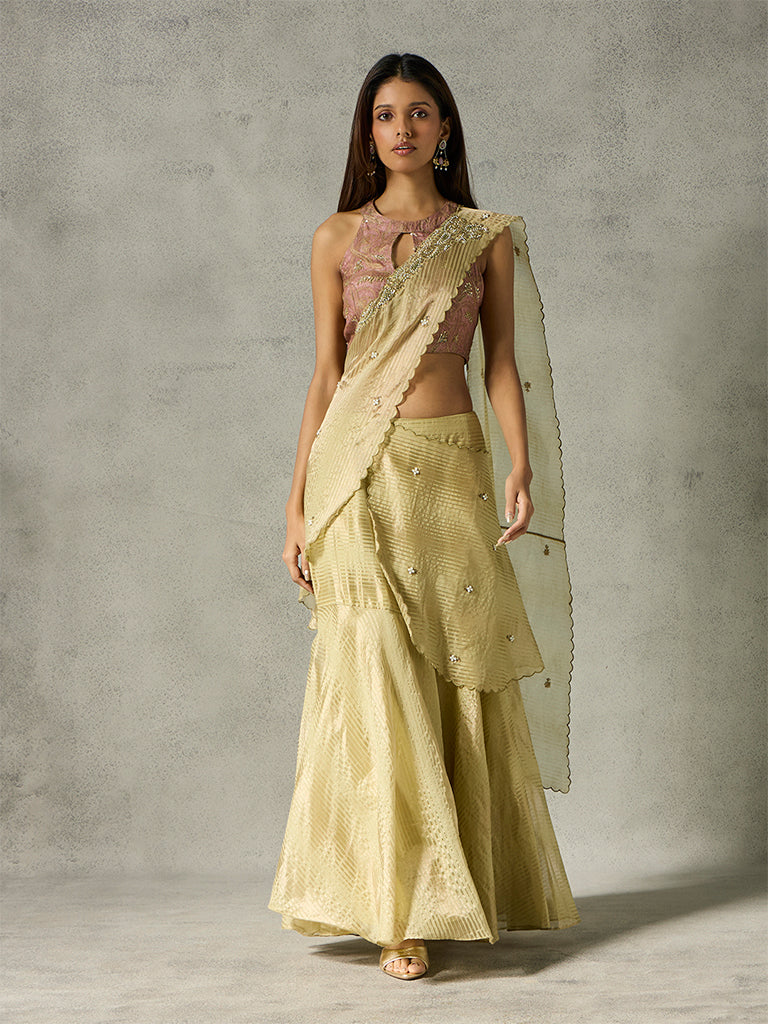 Embellished Saree with Detachable Pallu - Gold
