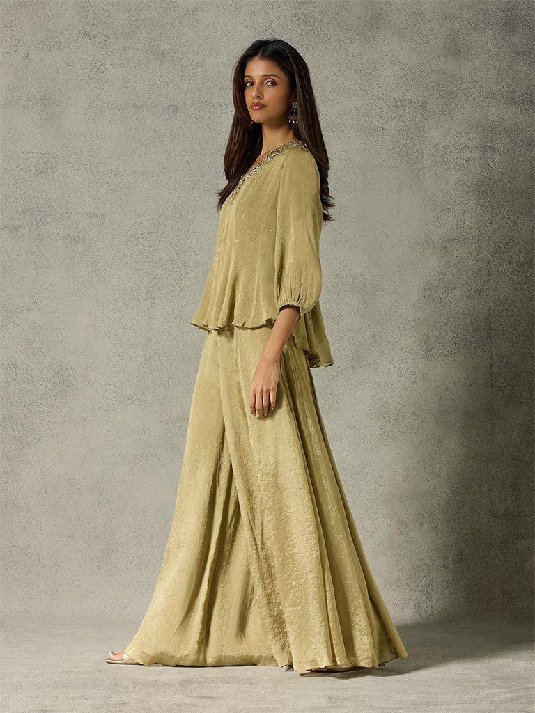 Embellished Kurta with Palazzos - Olive