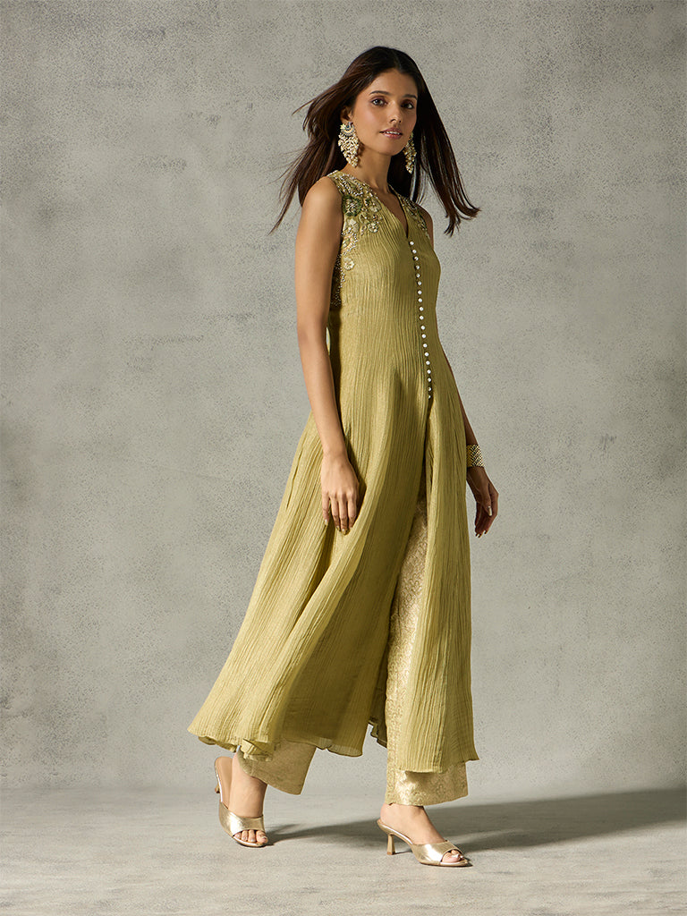 Embroidered Kurta with Brocade Pants - Olive