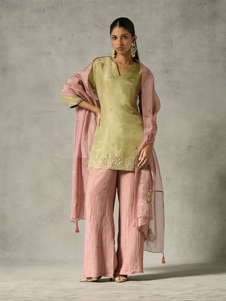 Embellished Kurta with Crushed Tissue Pants - Olive