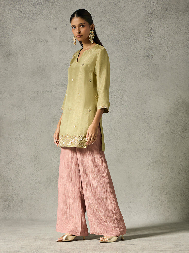 Embellished Kurta with Crushed Tissue Pants - Olive