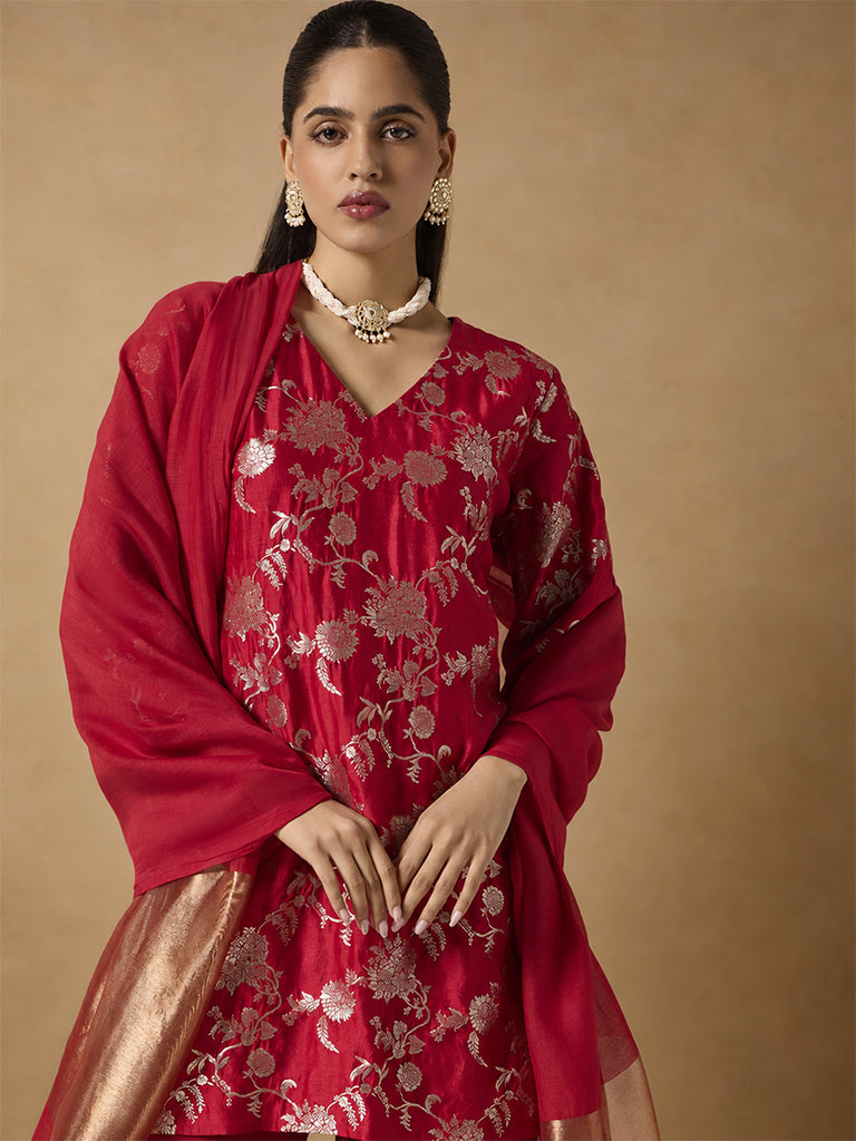 Brocade Kurta Set with Dupatta- Red