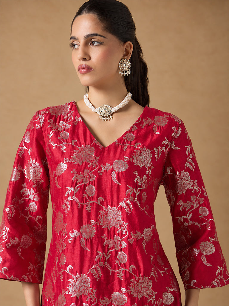 Brocade Kurta Set with Dupatta- Red
